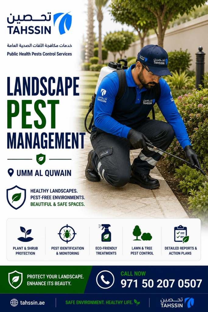 Landscape pest management Umm Al Quwain technician inspecting a landscaped garden and irrigation system for pest activity