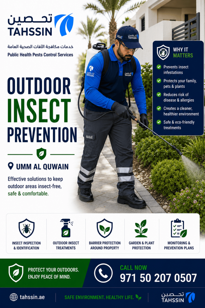 Outdoor insect prevention Umm Al Quwain technician inspecting a landscaped outdoor area and drainage system for insect breeding sites