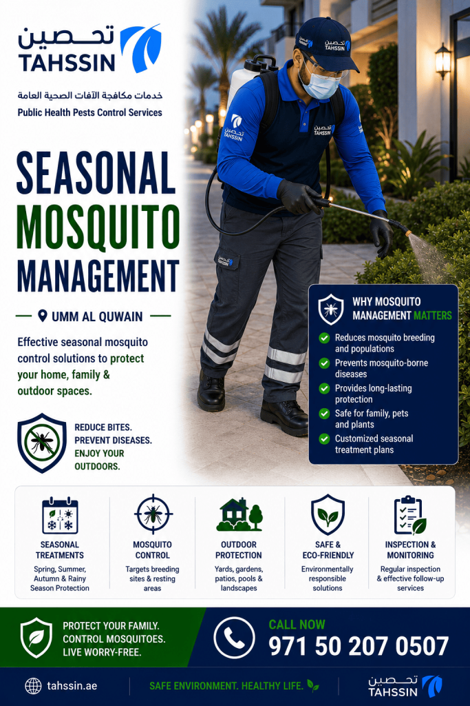 Seasonal mosquito management Umm Al Quwain technician inspecting standing water in a landscaped outdoor area