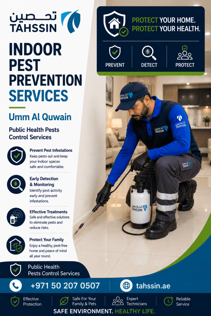 Indoor pest prevention services Umm Al Quwain technician inspecting a residential property for pest activity and entry points
