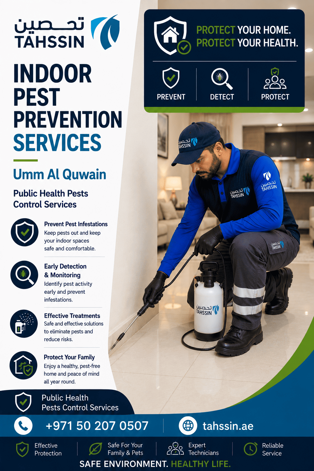 Indoor pest prevention services Umm Al Quwain technician inspecting a residential property for pest activity and entry points