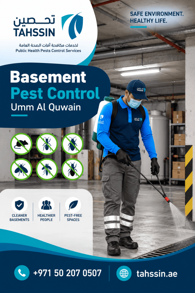 Basement pest control Umm Al Quwain technician inspecting drainage, storage, and utility areas for pest risks